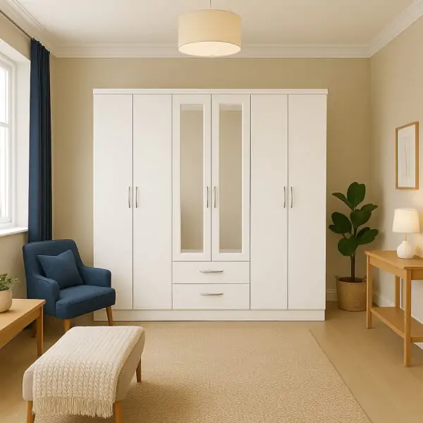 Stylish Open Wardrobe in White color UK Made UK large white mirrored wardrobe with drawers in bedroom.
