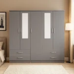 UK Modern Grey Wardrobe with Mirror Panels and Drawers