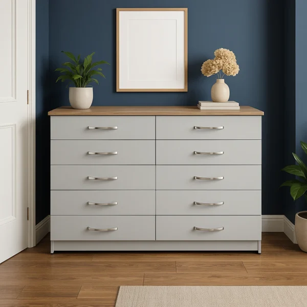 Grey 8-Drawer Chest – Modern Wide Storage Cabinet with Oak Top