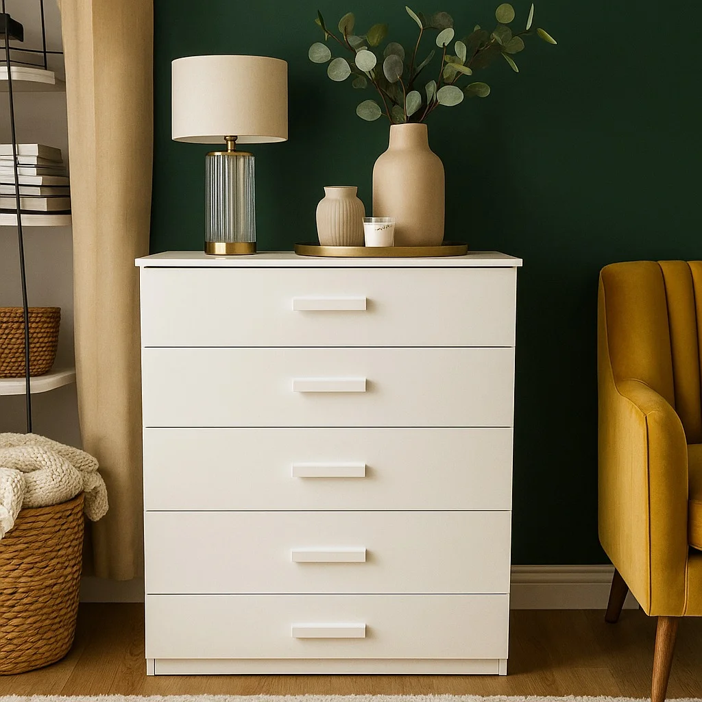 Luxe Minimalist White 5-Drawer Dresser – UK Made Stylish Storage