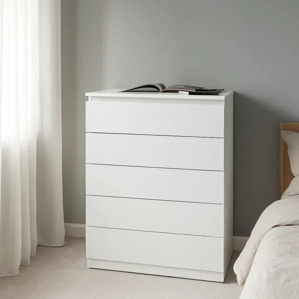 Modern White 5-Drawer Chest – Sleek Handle less Bedroom Dresser