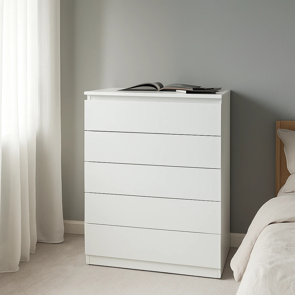 Modern White 5-Drawer Chest – Sleek Handle less Bedroom Dresser