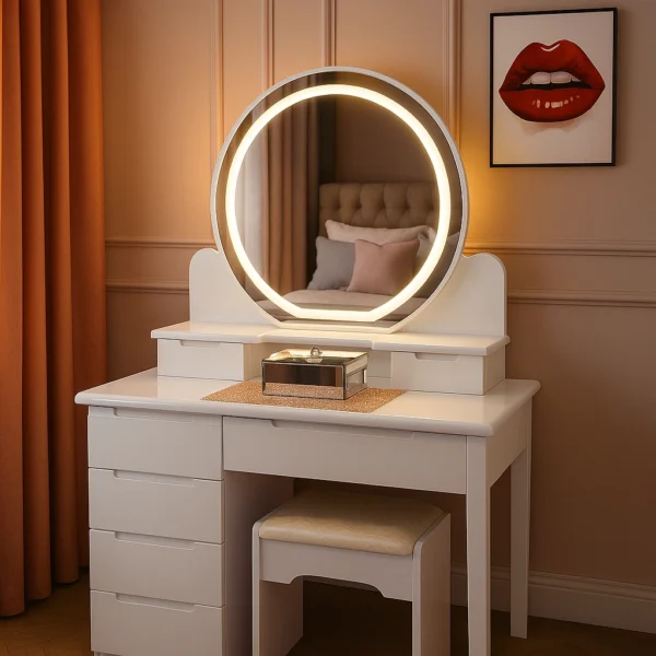Modern White Makeup Table with Round LED Mirror