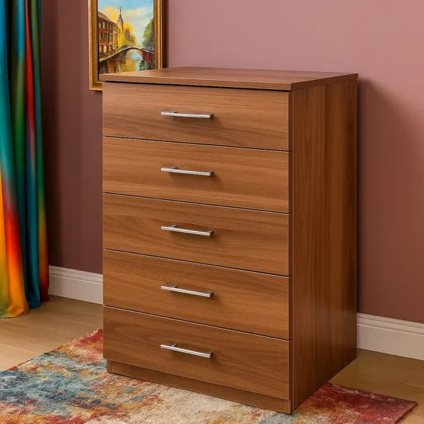 Natural Wood 5-Drawer Chest – Teak Finish UK Made