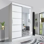 SIDE MIRRORED SLIDING DOOR LYON WARDROBE WITH HANGING SHELVES 180CM WHITE