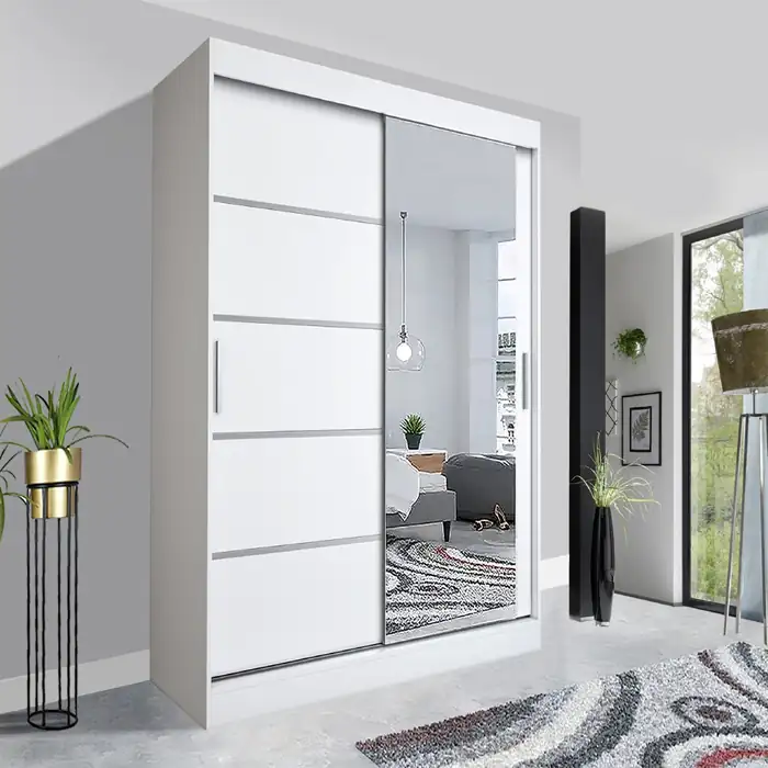 SIDE MIRRORED SLIDING DOOR LYON WARDROBE WITH HANGING SHELVES 180CM WHITE