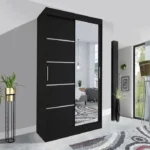 SIDE MIRRORED WARDROBE LYON WITH SLIDING DOOR AND HANGING SHELVES 150CM BLACK