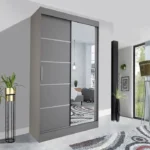 SIDE MIRRORED WARDROBE LYON WITH SLIDING DOOR AND HANGING SHELVES 150CM GREY