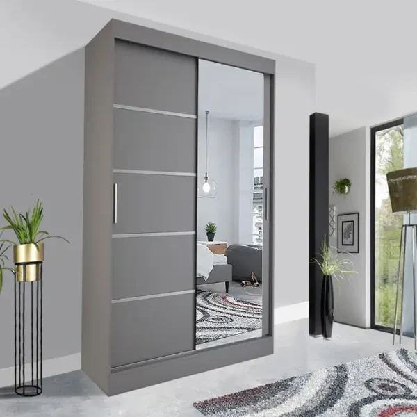 SIDE MIRRORED WARDROBE LYON WITH SLIDING DOOR AND HANGING SHELVES 150CM GREY