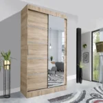 SIDE MIRRORED WARDROBE LYON WITH SLIDING DOOR AND HANGING SHELVES 150CM OAK
