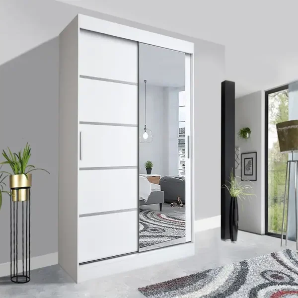 SIDE MIRRORED WARDROBE LYON WITH SLIDING DOOR AND HANGING SHELVES 150CM WHITE