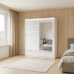 UK White Sliding Door Wardrobe with Mirror & Drawers