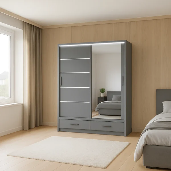 Syclia High Gloss Sliding Wardrobe in white 205 cm