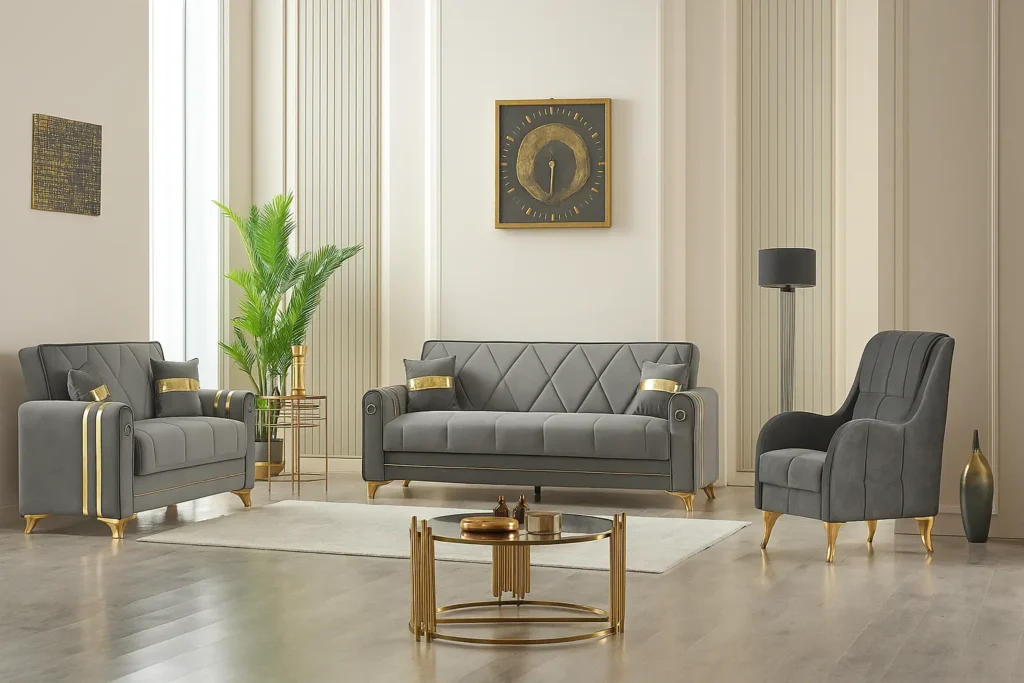 Modern Grey Luxury Sofa Set with Gold Accents – UK Collection