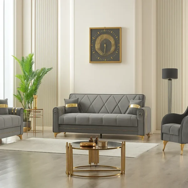 Modern Grey Luxury Sofa Set with Gold Accents – UK Collection