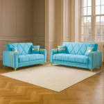Luxury Blue Velvet Sofa Bed Set with Gold Accents for UK Homes
