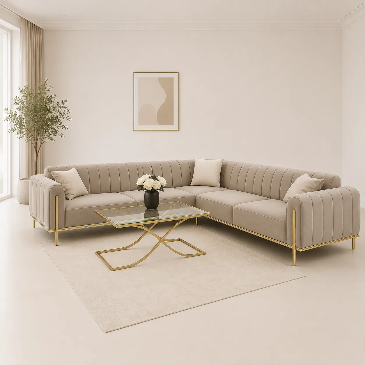 Luxury Beige Fabric Corner Sofa with Gold Legs UK