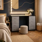 UK Modern Grey Dressing Table with Drawers and Vanity Mirror
