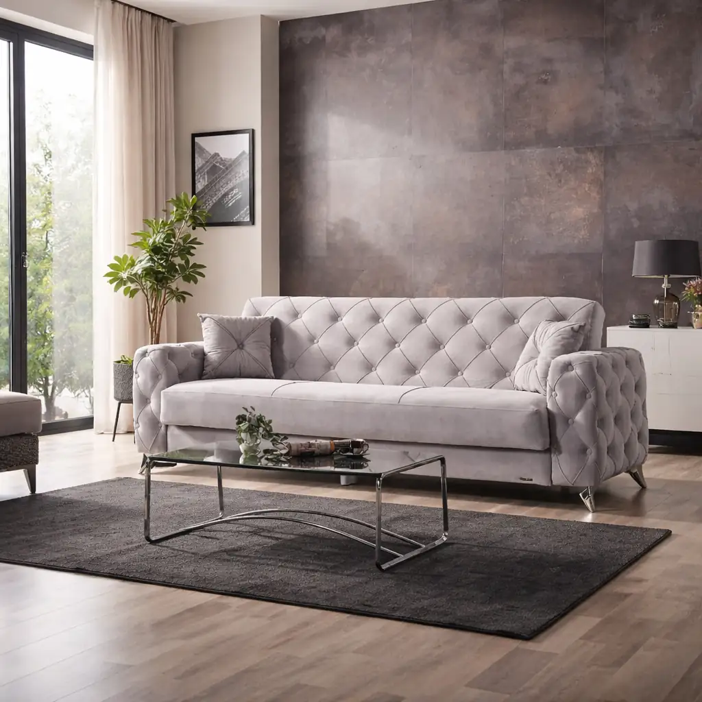 Zumrut Chesterfield Sofa Grey Velvet Modern Living Room Furniture - UK