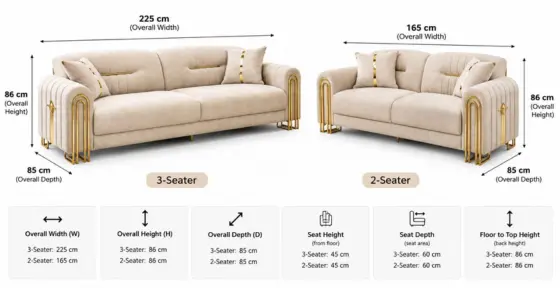 Fonte Luxury Champagne Velvet Settee – Vertical Channel Tufted Sofa Set Dimensions