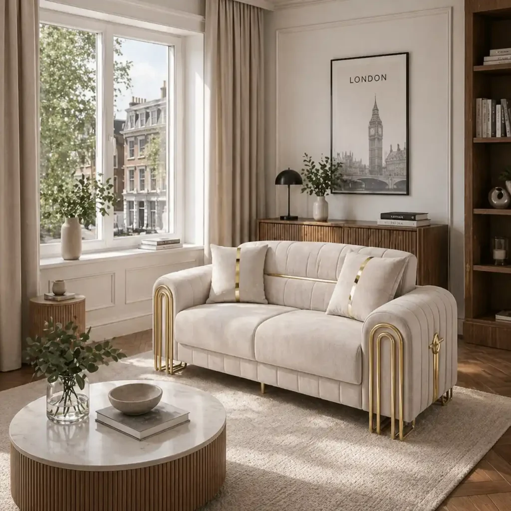 Fonte Luxury Champagne Velvet Settee – Vertical Channel Tufted Sofa