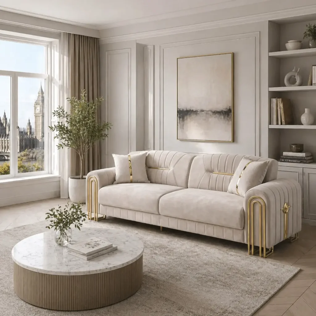 Fonte Luxury Champagne Velvet Settee – Vertical Channel Tufted Sofa