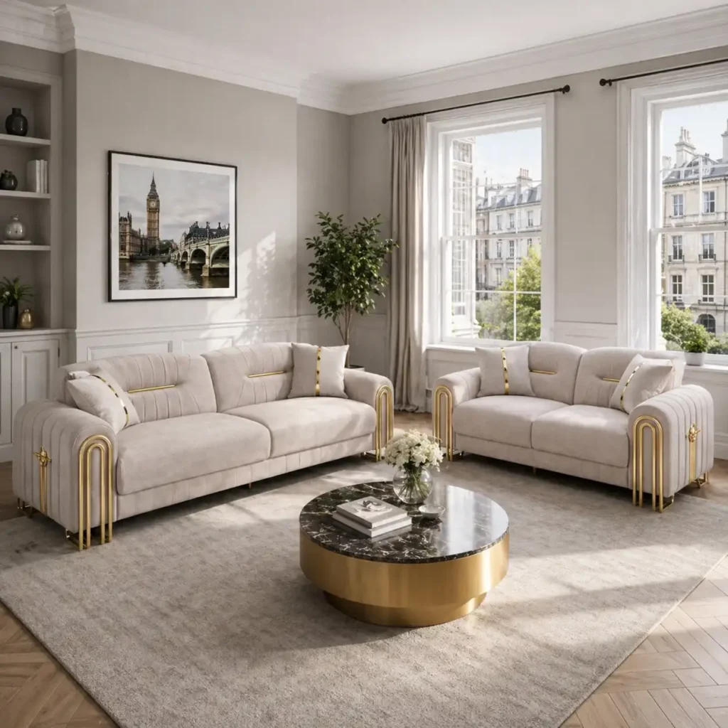 Fonte Luxury Champagne Velvet Settee – Vertical Channel Tufted Sofa