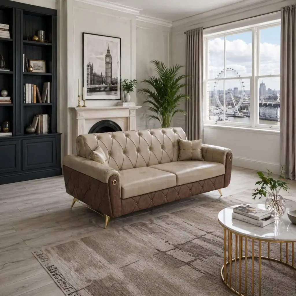 Kamala Luxury Faux Leather & Fabric Settee – Tufted Chesterfield Style