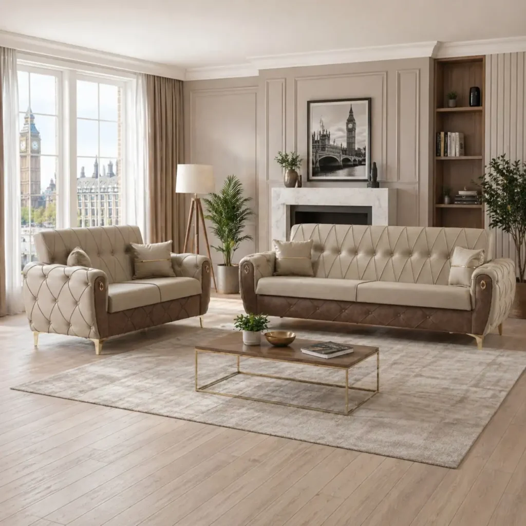 Kamala Luxury Faux Leather & Fabric Settee – Tufted Chesterfield Style