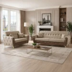 Kamala Luxury Faux Leather & Fabric Settee – Tufted Chesterfield Style
