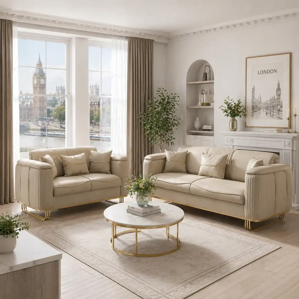 Cream Velvet Sofa | Gold Sled Base & Fluted Arm Detail