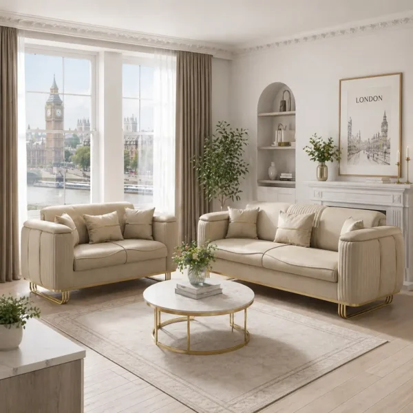 Lido Cream Velvet Sofa | Gold Sled Base & Fluted Arm Detail
