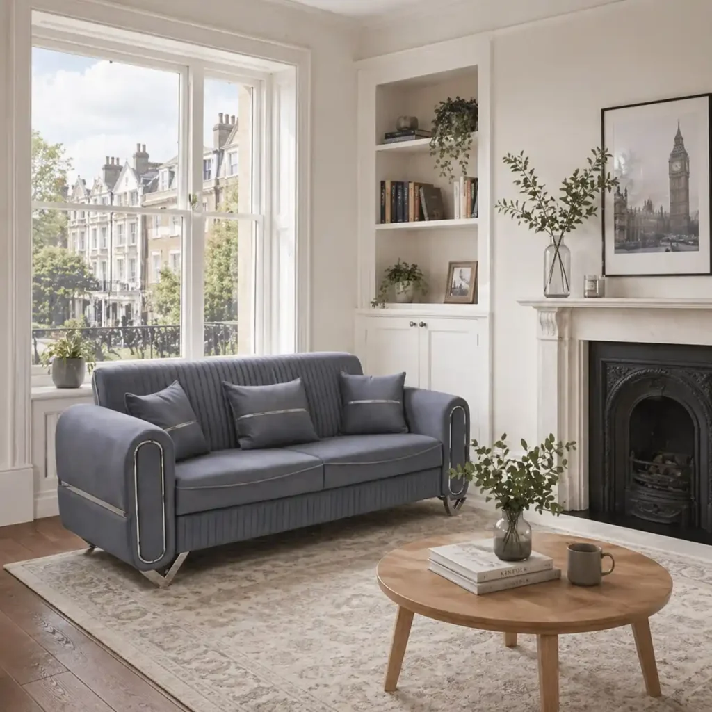 Oliver Slate Blue Velvet Sofa | Vertical Channel Tufted Design