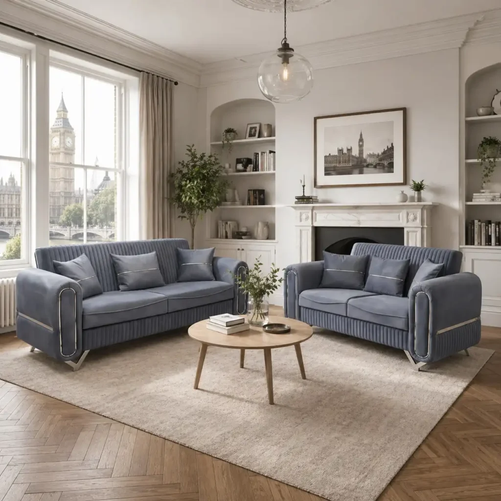 Oliver Slate Blue Velvet Sofa | Vertical Channel Tufted Design