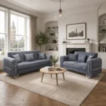 Oliver Slate Blue Velvet  Sofa | Vertical Channel Tufted Design