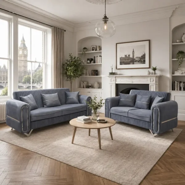 Oliver Slate Blue Velvet Sofa | Vertical Channel Tufted Design