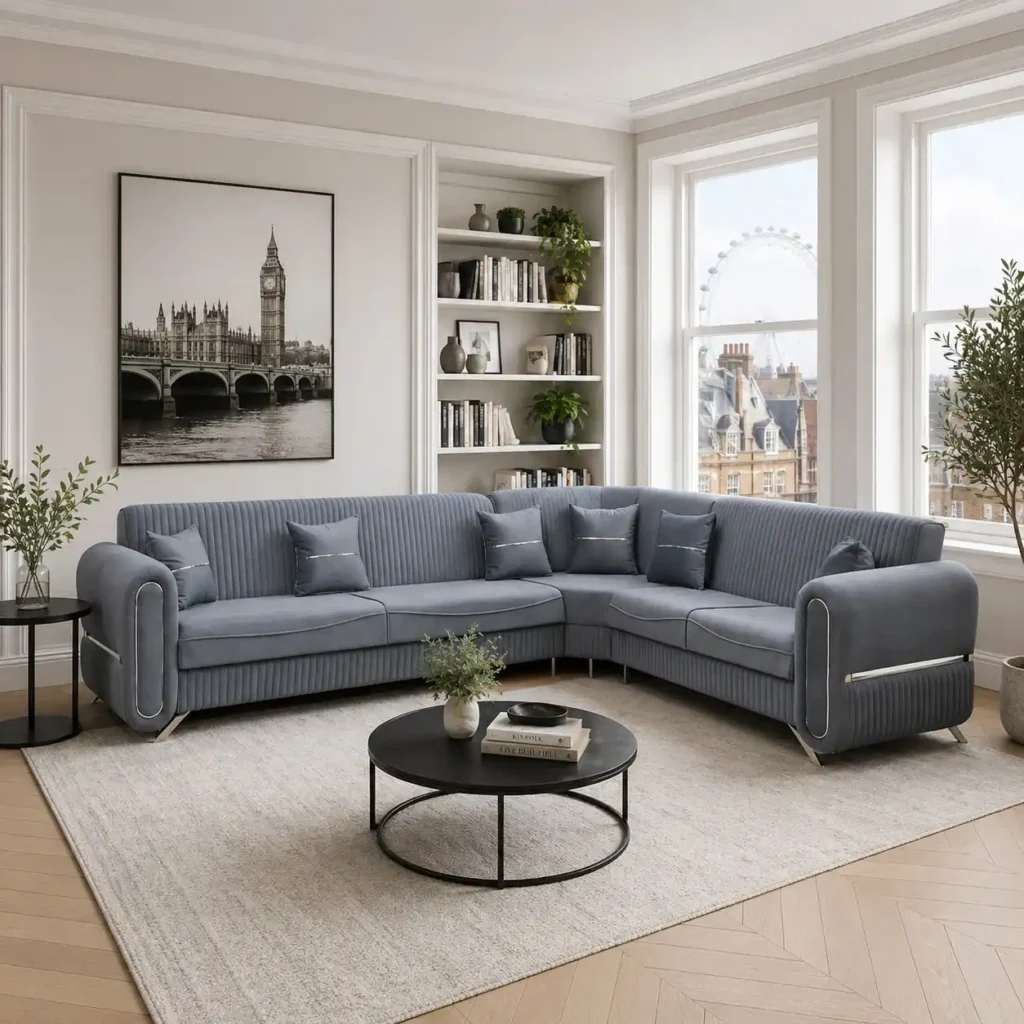 Oliver Slate Blue Velvet Sofa | Vertical Channel Tufted Design
