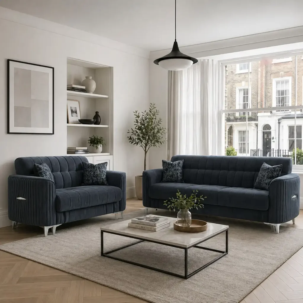 Pearl Navy Velvet Sofa | Vertical Fluted Design with Tufted Back