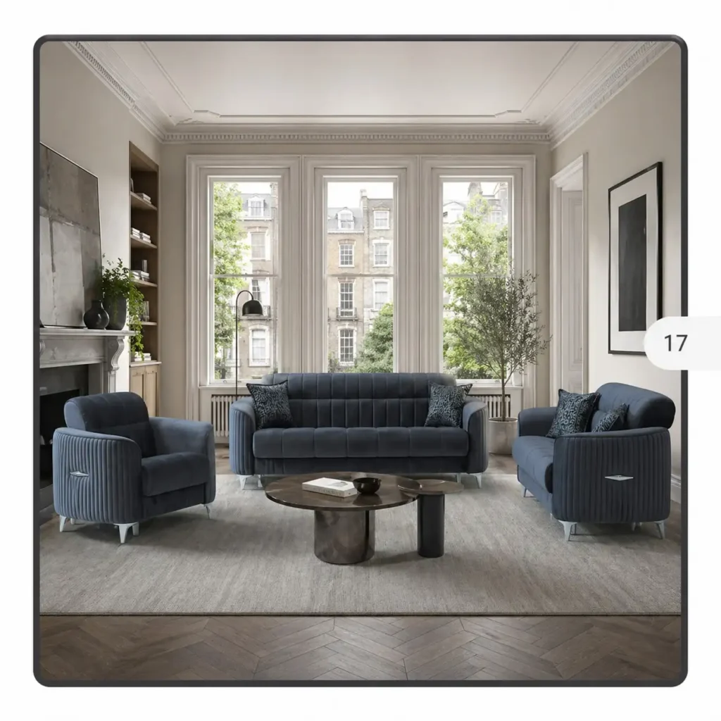Pearl Navy Velvet Sofa | Vertical Fluted Design with Tufted Back