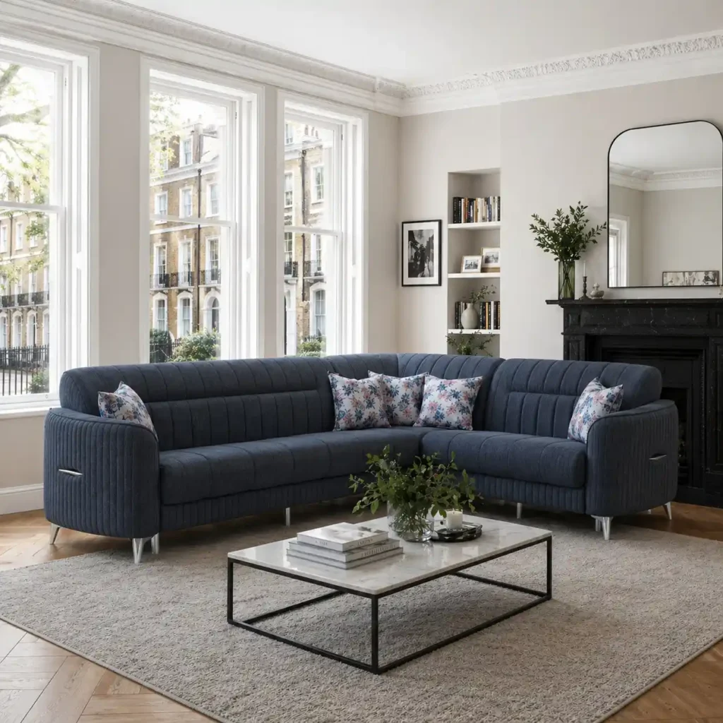 Pearl Navy Velvet Sofa | Vertical Fluted Design with Tufted Back