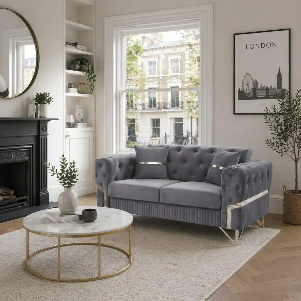 Velo Modern Velvet Sofa – Slate Grey Seating with Vertical Fluted Base