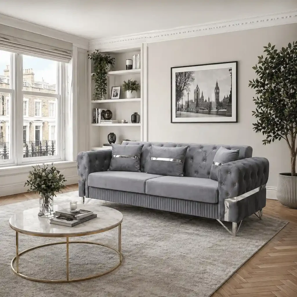 Velo Modern Velvet Sofa – Slate Grey Seating with Vertical Fluted Base