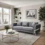 Velo Modern Velvet Sofa – Slate Grey Seating with Vertical Fluted Base