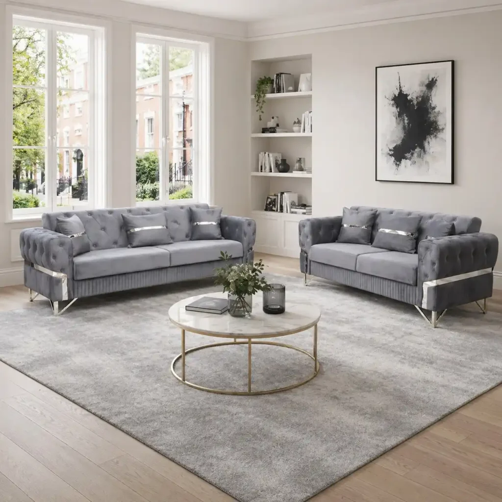 Velo Modern Velvet Sofa – Slate Grey Seating with Vertical Fluted Base