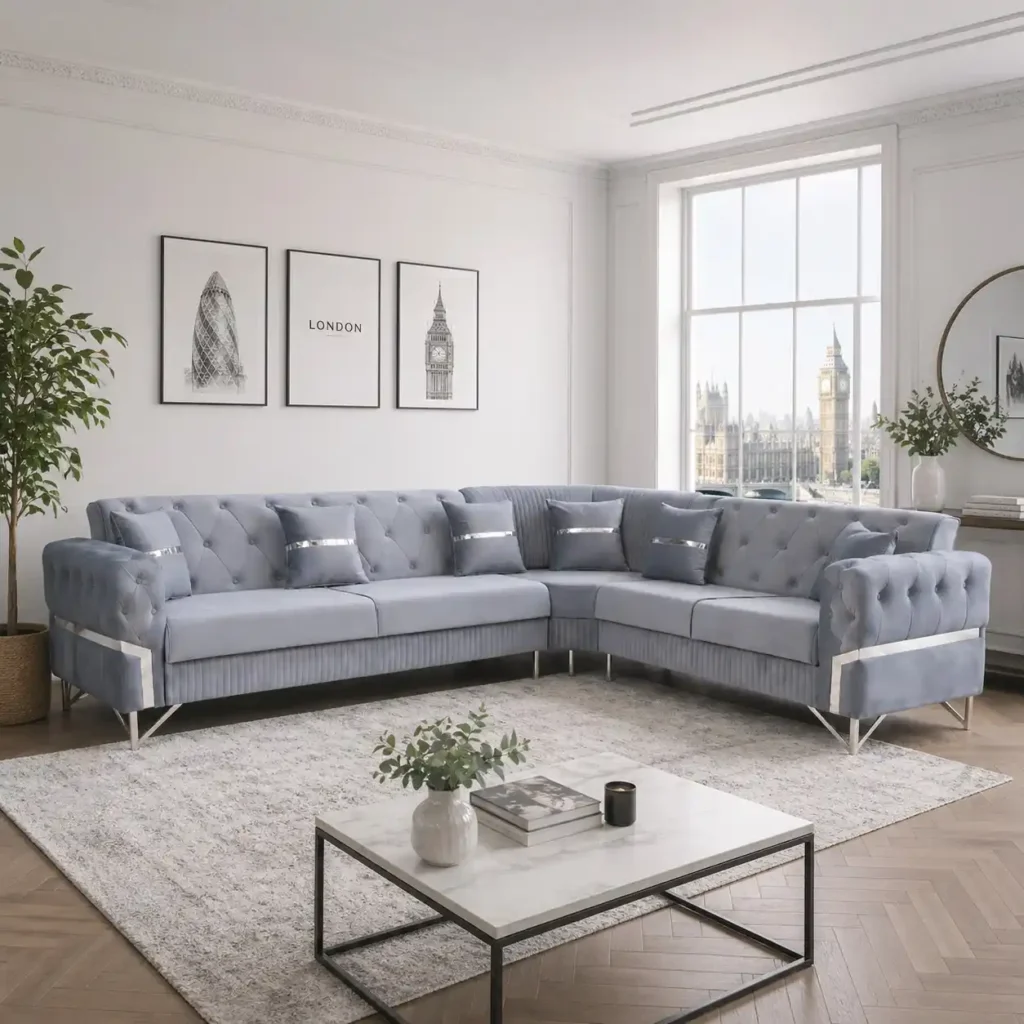 Velo Modern Velvet Sofa – Slate Grey Seating with Vertical Fluted Base