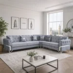 Velo Modern Velvet Sofa – Slate Grey Seating with Vertical Fluted Base