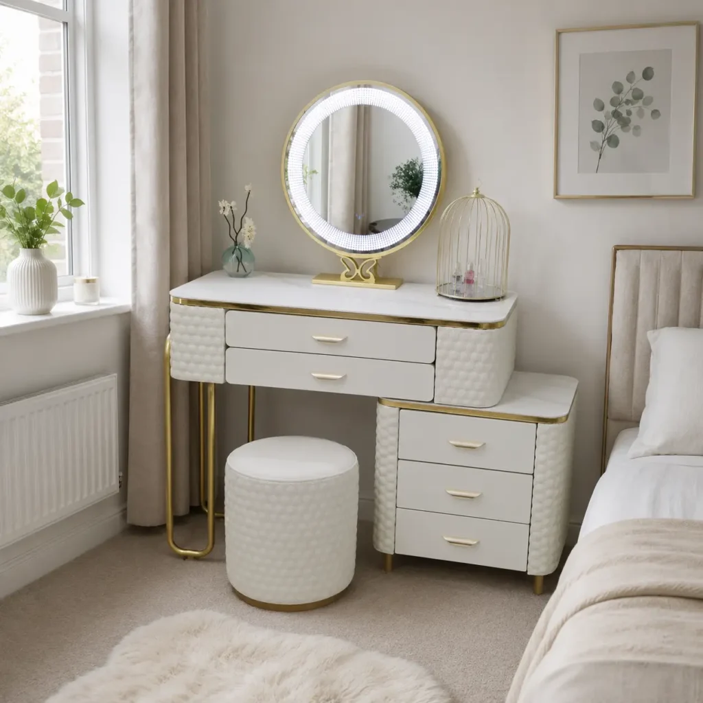 Elegant White Marble Effect Vanity Table with Gold Frame & Storage
