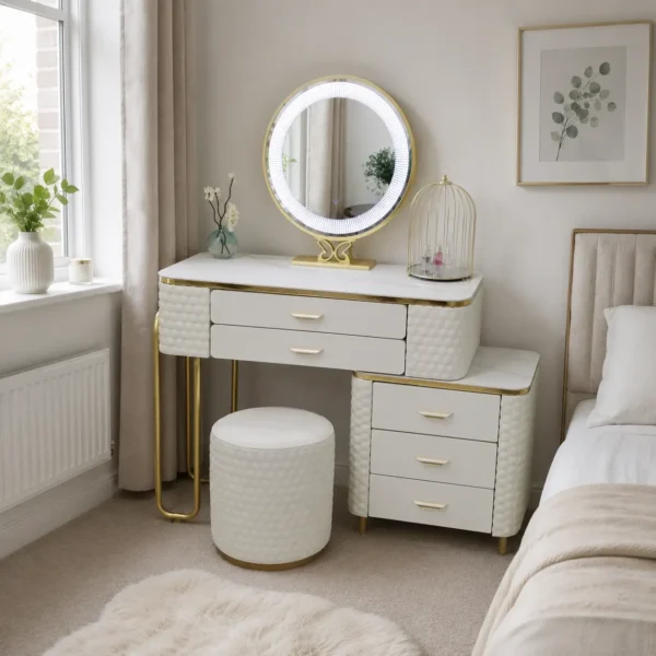 Elegant White Marble Effect Vanity Table with Gold Frame & Storage