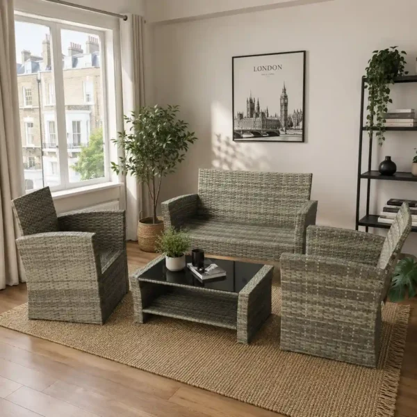 Modern Grey Rattan Corner Sofa Set with Footstool & Coffee Table UK