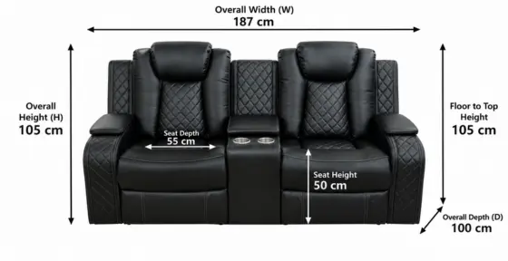 Roma 2 Seater Electric Recliner Sofa - Leather Dimensions